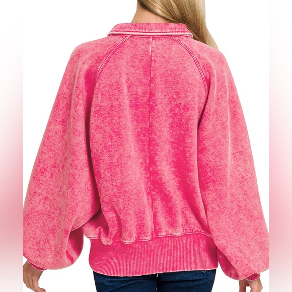 Acid Wash Fleece Button Up Collared Pullover in Hot Pink - Picture 2 of 3
